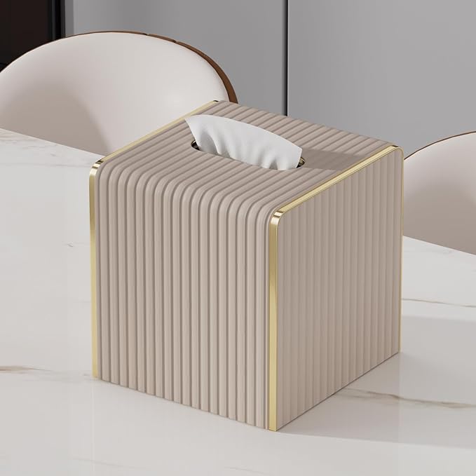 Tissue Box Cover,Beige Cube Leather Tissue Box Holders with Gold-Tone Edging Accents,Decorative Tissue Covers for Bathroom Toilet Bedroom Living Room Table Desk Office Car,Decor Aesthetic
