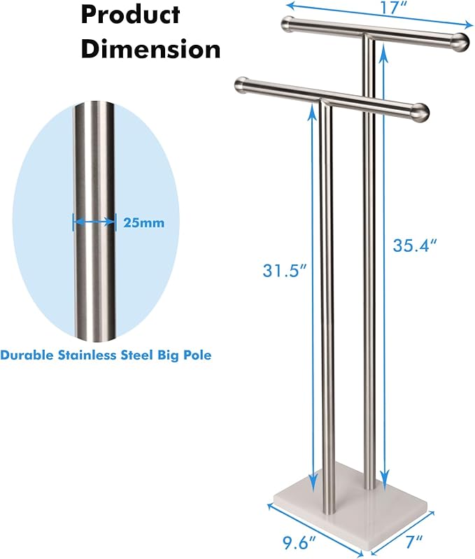 Standing Towel Rack Double-T Shape Tall Bath Towel Sheet Holder with Marble Design Base for Bathroom 2 Tier Towel Holder Stand Stainless Steel (Brushed Nickel)