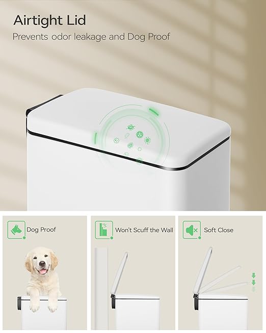 Small Bathroom Trash Can with 15 Garbage Bags,2.6 Gallon Stainless Steel Garbage Can with Lid Soft Close,Small Trash Bin for Bathroom,Kitchen,Home Office,White