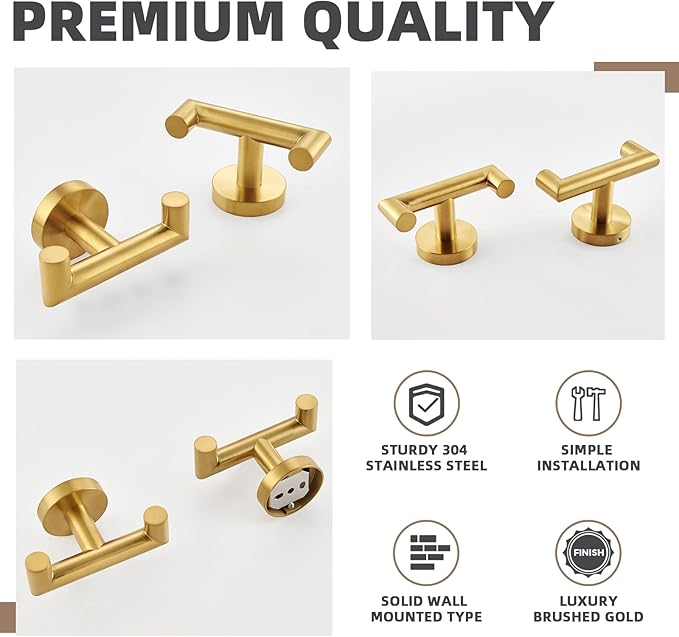 APLusee Brushed Gold Double Towel Hook 2 Pack, 304 Stainless Steel Clothes Hook, Wall Mounted