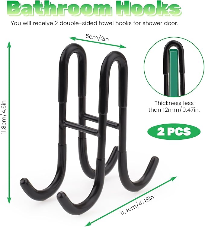 2 Pack Double-Sided Towel Hooks for Shower Door, 304 Stainless Steel, Over Bathroom Frameless Glass Door Rack Hooks for Loofah Robe Shaver, Black