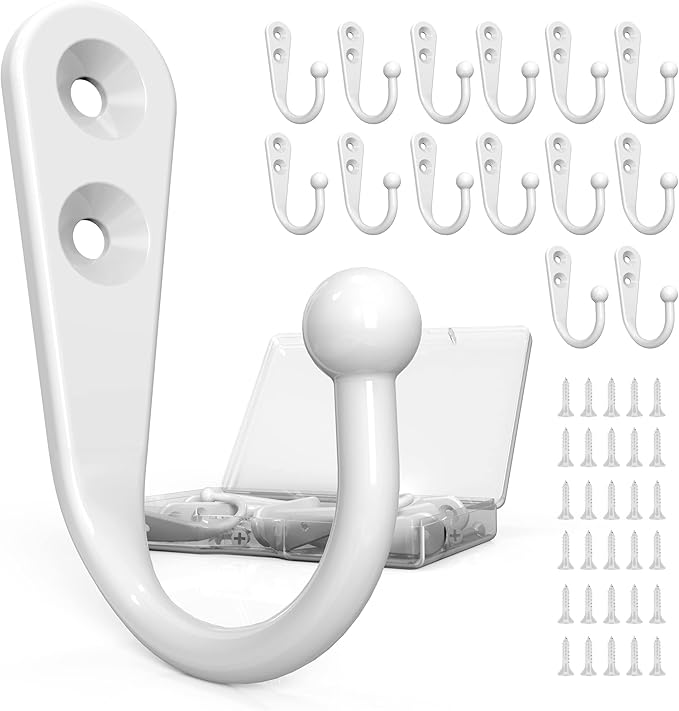 15 Pack Heavy Duty Coat Hooks Wall Mount, with 30 Mounting Screws, White Multi-Purpose Storage for Robe, Towel, Key, Bag, Coffee Mug