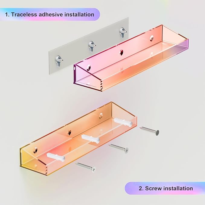 2 Pack Acrylic Shelves for Wall Storage, 15" Floating Shelves, Kids Bookshelf, Nail Polish Holder, Perfume Display Shelf Organizer for Bathroom, Bedroom, Living Room, Iridescent