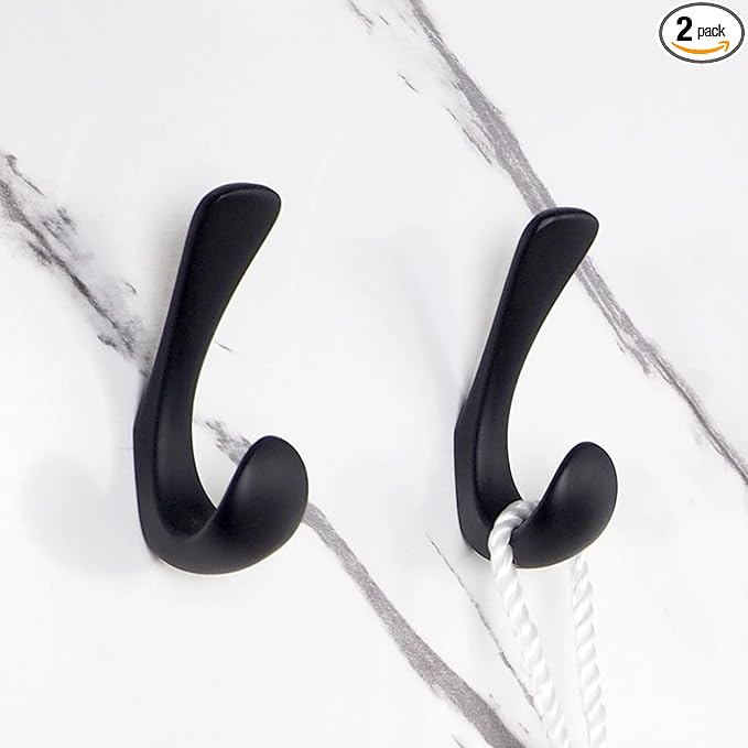 2 Pack Towel Hooks for Bathrooms Wall Mounted, Matte Black Bathroom Hooks for Towels, Robe & Towel Hook for Wall, Modern Black Bath Towel Hook