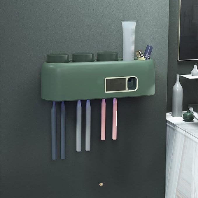 EQUALIZE Toothbrush Holder 2PCS Wall Mount Smart Toothbrush Holder with LED Light, Mouthwash Cup, Automatic Toothpaste Dispenser Squeeze Kit Toothpaste Holder (Color : B)