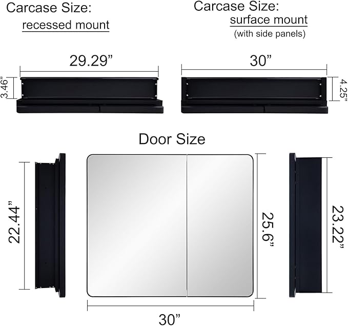 Lighted Bathroom Medicine Cabinet with Round Corner Framed Mirror Door 30 x 25.6 inch, Recessed or Surface Mount, with Adjustable Glass Shelves