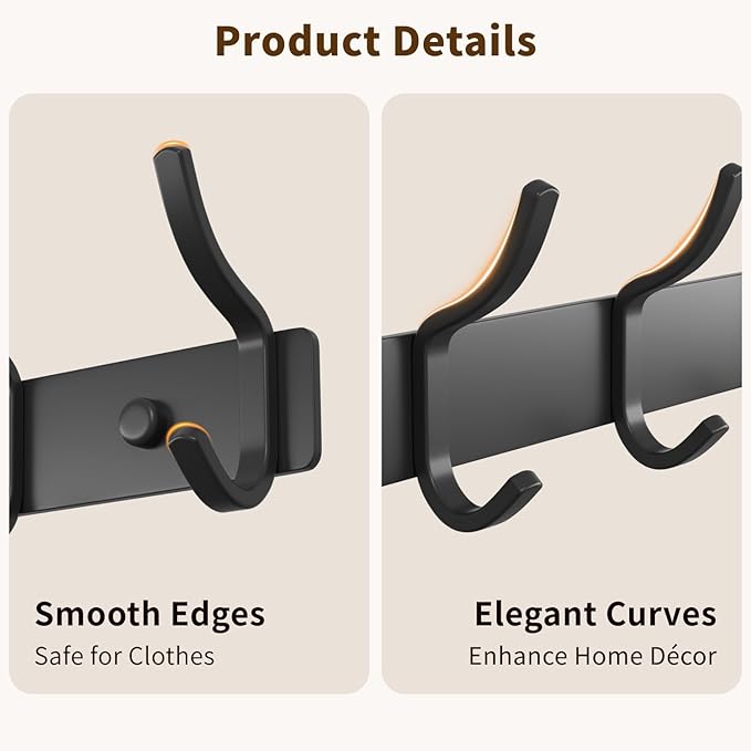 Black Coat Rack Wall Mount - 15 Inch Arc Shaped Design with 6 Hooks for Hanging Coats, Bags, and Towels in Entryway, Livingroom, Bedroom, Bathroom, and Kitchen, 1 Pack