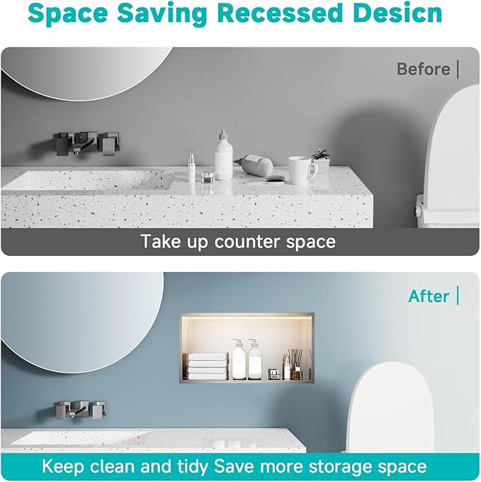 Stainless Steel Shower Niche with LED Lights 12" x 24" Recessed Wall Niche, No Tile Needed Bathroom Storage Shelf (Brushed)