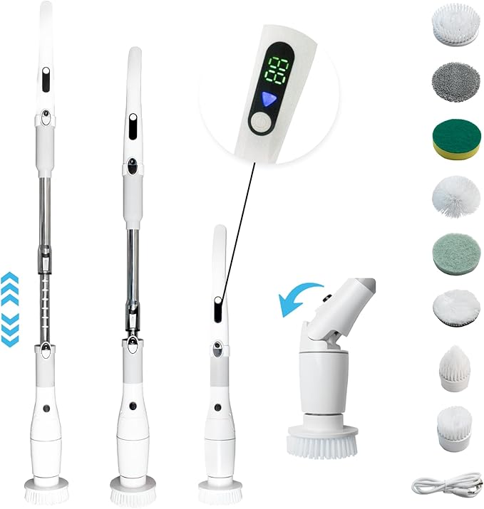 Electric Spin Scrubber with LCD Display,Shower Scrubber with Long Handle,Cordless Power Cleaning Brush with 8 Brush Heads, Electric Scrubber for Bathroom Kitchen Cleaning,IPX7 Waterproof