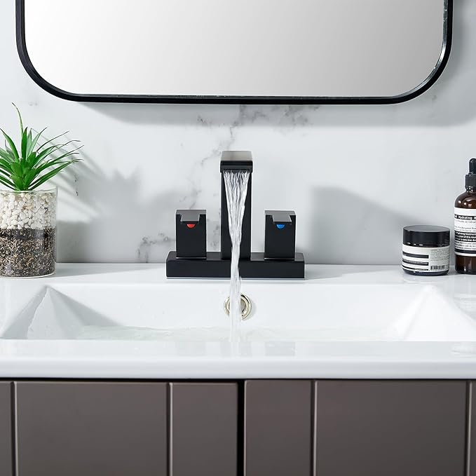 IKEBANA Matte Black Waterfall Bathroom Faucet, 4 inch 2 Handle 304 Stainless Steel Bathroom Sink Faucet, Modern Waterfall Spout Lead-Free Sink Faucets with Pop-up Drain and Supply Hoses