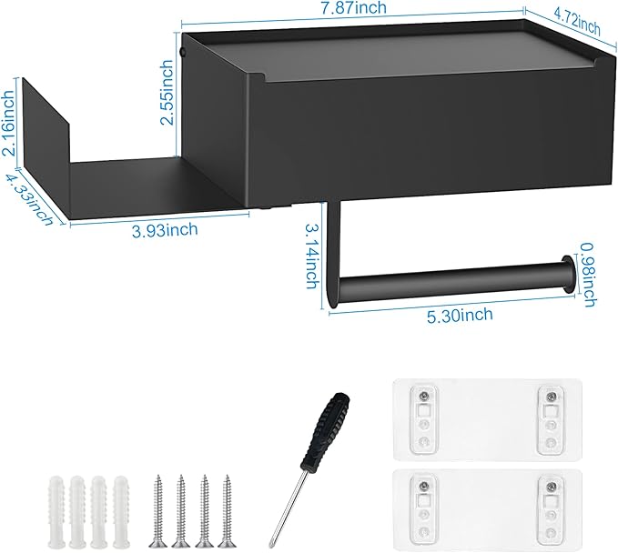 Toilet Paper Holder with Shelf, FUNLEU Self Adhesive Toilet Paper Holder with Storage, Wipe Holder for Bathroom Flushable Wipes Dispenser - Stainless Steel Toilet Holder Wall Mount, Matte Black