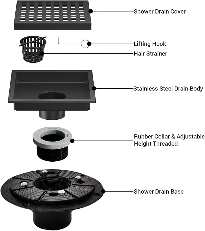 6 Inch Square Shower Floor Drain, Shower Drain Kit with Flange, Square Shower Drain, SUS 304 Stainless Steel Floor Drain,Matte Black