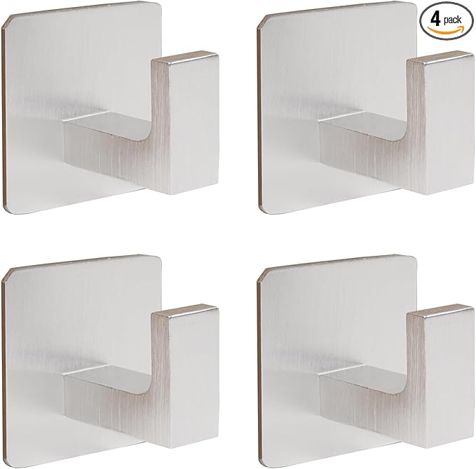 Bath Towel Hooks, 4 Pack Self Adhesive Square Coat Hooks, Sturdy No Drilling Robe Hook, Heavy Duty Aluminum Clothes Hanger, Wall Hooks for Bathroom Bedroom Kitchen(Sliver, 2 in)