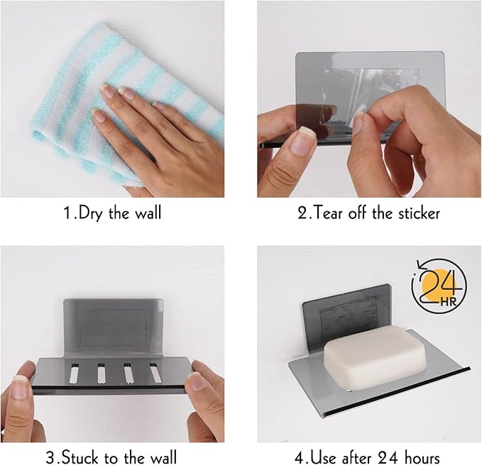 Self Adhesive Soap Dish Wall Mounted, 4 Slot Acrylic Soap Saver, Sponge Soap Holder for Shower Wall, Bathroom, Kitchen (Gray Clear)
