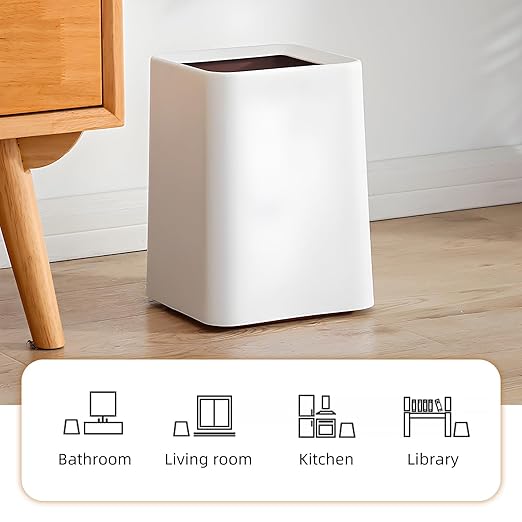 2 Pack Square Modern Trash Can Bedroom, 3Gal/12L Bathroom Trash Can Hidden Bag, Open Top Trash Bin Square Plastic, Minimalist White Garbage Can with Inner Bucket (with 2 Handles) for Kitchen Office