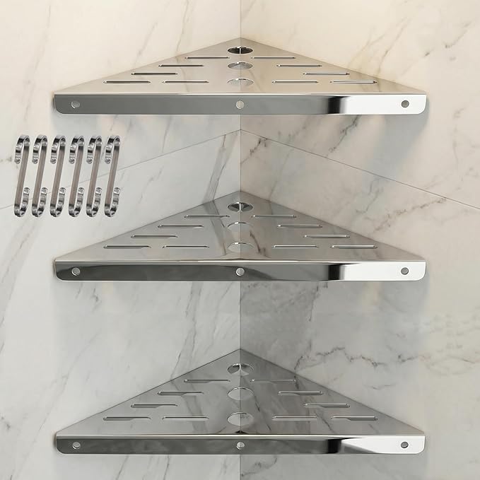3 Pack Corner Shower Shelf,10" 304 Stainless Steel Bathroom Shelves Add 6 Hooks 40 lbs Heavy Duty Capacity Durable Shower Shelf for Inside Shower Drilling Installation (Silver)