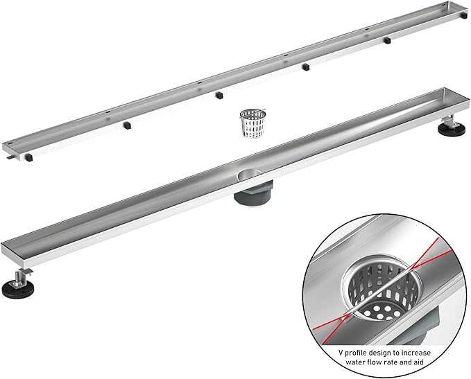 Linear Shower Drain 40" Brushed 304 Stainless Steel | Fast Drainage | Tile Inserted | Stainless Floor Drain Grate | Hair Strainer | Drain Key | The Upgrade for Your Bathroom