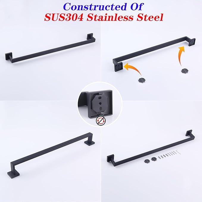 GERZWY 30-Inch Bath Towel Bar Modern Square Style Bathroom Towel Bar SUS 304 Stainless Steel Wall Mount Matte Black FG160175-BK