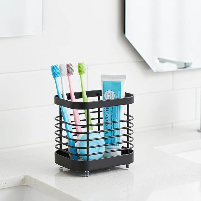 Toothbrush Holder for Bathrooms,Modern Stainless Steel Toothbrush and Toothpaste Stand with Grid Design,Family Size Tooth Brushing Organizer, Black