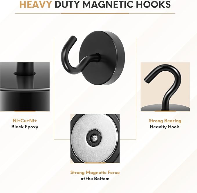 Neosmuk Magnetic Hooks, Cruise Ship Essentials, 120lb+ Heavy Duty Magnetic Hooks for Cruise Cabins, Refrigerator, Grill, Hanging, and Travel | Extra Strong Must-Haves Magnet Hook,Black, Pack of 10