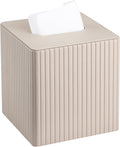 KINGFOM Tissue Box Cover, PU Leather Square Tissue Box Holder for Kleenexs with Magnetic Bottom Cover for Facial Tissues/Napkins, Office & Living Room Decor Box (Beige Strips)