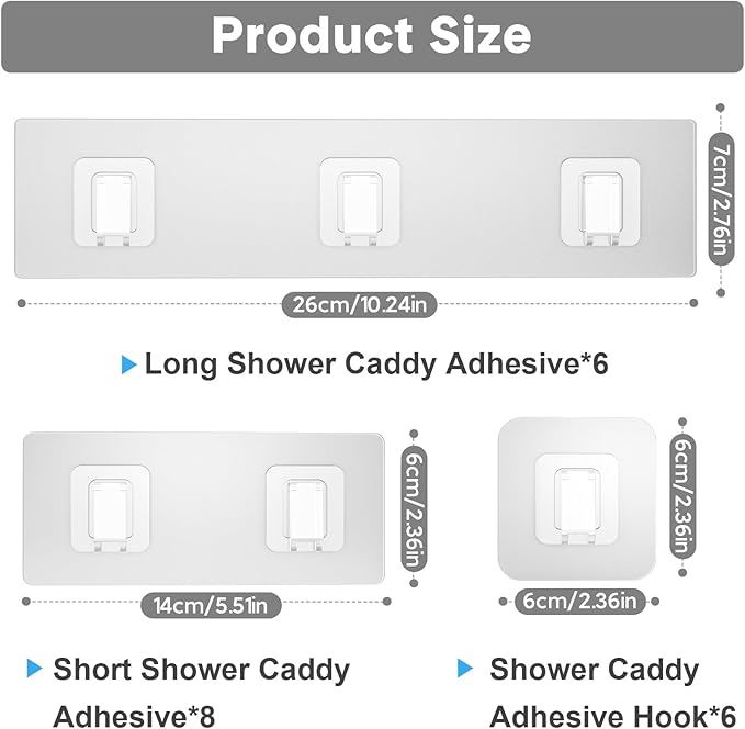 20 Pack Shower Caddy Adhesive Replacement Flat, Transparent Strong Adhesive Hooks, No Drilling, Waterproof Wall Hooks for Shower Caddy, Bathroom Storage Shelves and Kitchen Racks