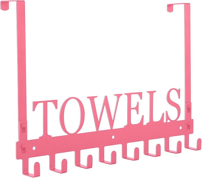 Over The Door Hooks - Wall Mount Towel Hanger with 8 Hooks for Bedroom Bathroom Pool Kitchen Towels, Bag, Coats - Pink