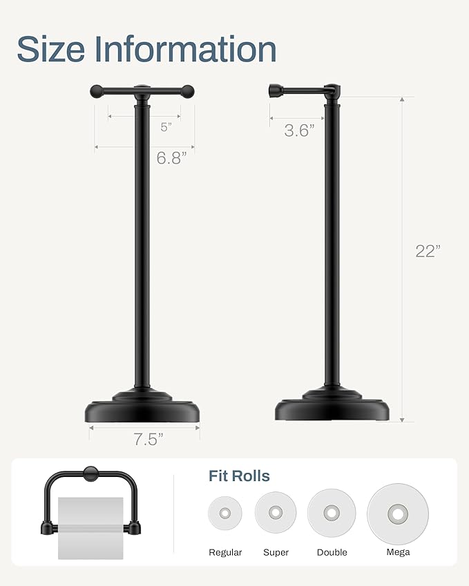 Freestanding Toilet Paper Holder Stand - Rustproof 304 Stainless Steel with Heavy Duty Weighted Base (4.8lbs), 22" Height Pivot Arm Tissue Roll Dispenser, Fits Mega Rolls - Matte Black