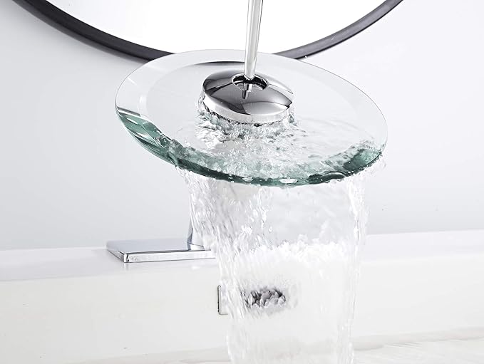Bathroom Faucet Chrome Waterfall Glass Spout Single Handle One Hole Bath Sink Faucet Vanity Lavatory Basin Mixer Tap with Cover Plate Deck Mount Commercial