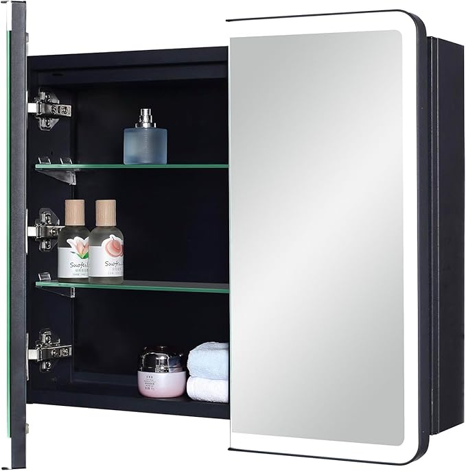 LED Bathroom Medicine Cabinet with Round Corner Framed Mirror Door 22 x 20 inch, Recessed or Surface Mount, with Adjustable Glass Shelves Shelves