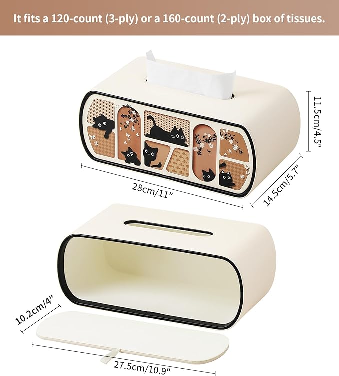 Kitty Cat Tissue Box Cover Rectangle, 4 Inches High Tissue Box Holder for 120(3-Ply)/160(2-Ply) Count Boxes, Stylish Curved Edge Tissue Holder for Bathroom Living Room Car Office (Beige)