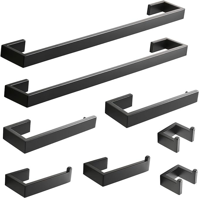 Fapully 8 Piece Bathroom Hardware Accessories Set Stainless Steel Matte Black Wall Mounted