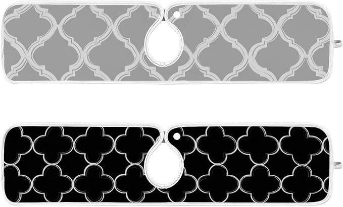 2 PCS Kitchen Sink Splash Guard 23.6 Inch Faucet Mat for Kitchen Sink Bathroom Sink Faucet Absorbing Drip Drain Mat Pad Microfiber Soft Washable Grey and Black Quatrefoil