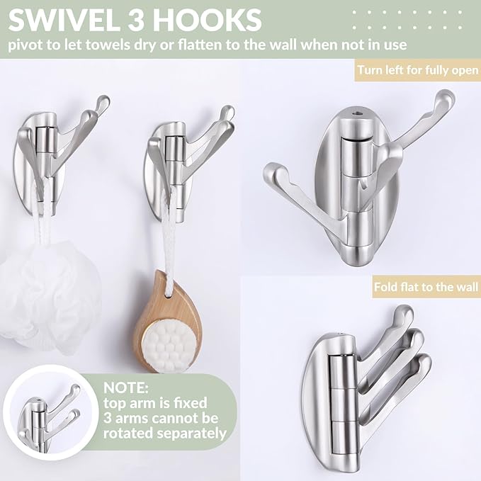APLusee Swivel Brushed Nickel Robe Hook 2 PCS, Metal Foldable Towel Holder with Triple Rotating Arms, Heavy Duty Bathroom Kitchen Coat Hanger Wall Mounted