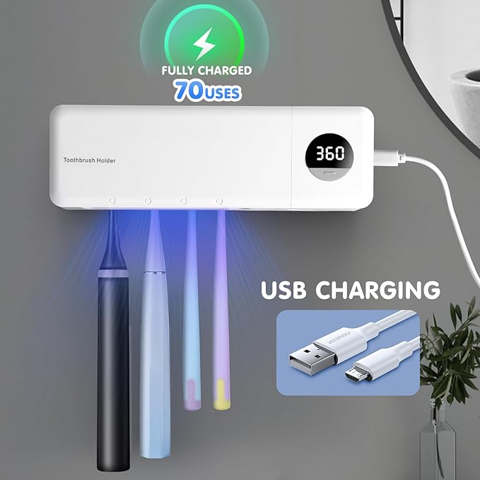 Little Quokka Toothbrush Sanitizeri Holder, 2000mAh Rechargeable Cordless Wall Mounted Holders for Bathroom, Electric Sanitizeri Toothbrush Cleaner, 4 Slots & Timer Function