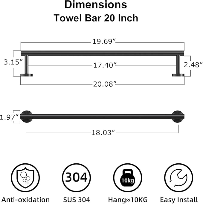 Bath Towel Bar, 20 Inch Towel Racks for Bathroom Wall Mounted, Heavy Duty Bathroom Towel Holder Organizer, Stainless Steel Modern Home Decor Towel Rod, Matte Black