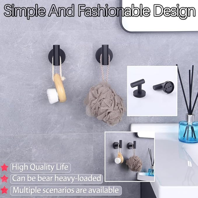 GERZWY Bathroom Matte Black Coat Hook SUS 304 Stainless Steel Single Towel/Robe Clothes Hook for Bath Kitchen Contemporary Hotel Style Wall Mounted 2 Pack AG1107B-BK