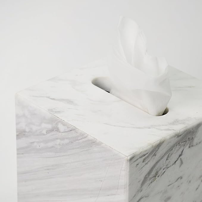 White Marble Tissue Holder, Removable Square Tissue Box with Acrylic Board Bottom, Natural Marble Napkin Box, Premium Tissue Holder Cover for Bathroom, Living Room, Bedroom, Office, Toilet