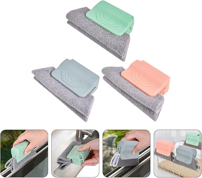 VICASKY 3pcs Window Track Cleaner and Crevice Brush Set, Household Cleaning Tool for Window Groove and Grout, Small Space Scrub Brushes in Green, Gray, and Pink