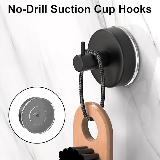 HUFEEOH 2 Pack Wall Hooks Shower Towel Hook Towel Holder for Hanging, Removable Towel Suction Cup Hooks Bathroom Towel Hook for Towels (Black)