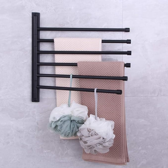 Swivel Hand Towel Bar Bathroom Swing Hanger Towel Rack Holder Matte Black Finish, Wall Mounted, 6-Arm