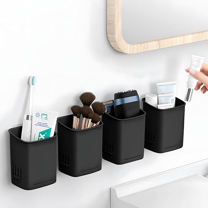 2 Packs Wall Mounted Toothbrush Holders, Self Adhesive Bathroom Toothbrush Wall Holder for Electric Toothbrush, Toothpaste, Razor,Shower Item (Black