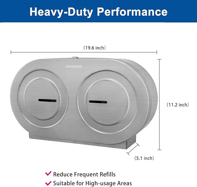 Twin Jumbo Toilet Paper Dispenser Wall Mount, 9" Commercial Stainless Steel Double Roll Toilet Paper Holder, Industrial Large Tissue Dispenser with Lock, Brushed