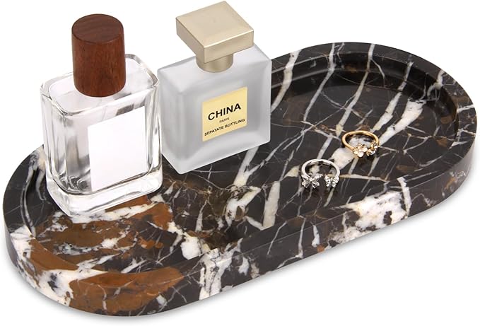 Oval Marble Bathroom Vanity Tray, Natural Luxury Marble Home Kitchen Bathroom Table Tray, Stone Decorative Countertop Serving Trays for Coffee Perfume Jewelry Makeup