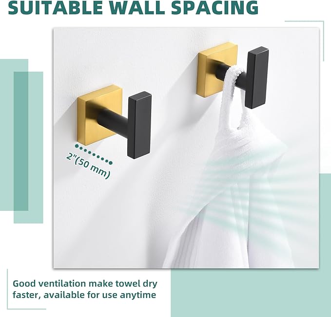 APLusee Robe Towel Hook 2 Pack Black Gold, 304 Stainless Steel Square Coat Hook, Bathroom Kitchen Towel Hanger Wall Mounted