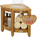 EcoDecors Fully Assembled SnazzyCorner® 18" Teak Shower Bench, Corner Shower Stool, w Shelf in Earthy Teak Finish, Compact Fit for Small Bathrooms & Walk-in Showers – Slip-Resistant Feet