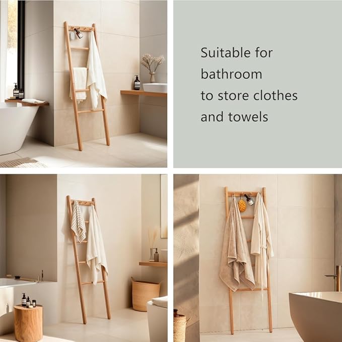 Beech Wood Blanket Ladder, 5.3ft Natural Farmhouse Quilt Holder with Top Hooks, 4-Bar Decorative Throw Rack, Towel Shelf for Living Room, Bedroom, Small Space Storage (Natural)
