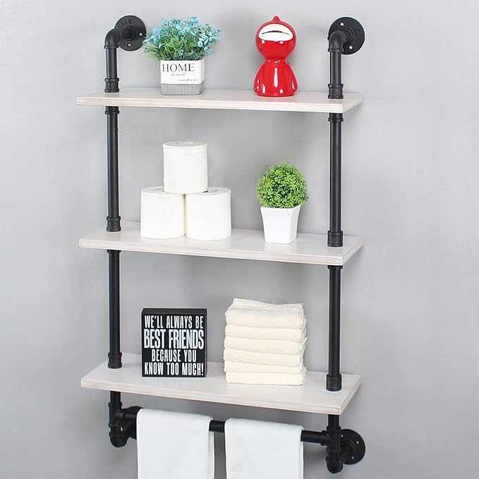 MBQQ Iron Pipe Shelves Industrial Bathroom Shelves with Towel bar,24in Rustic Metal Pipe Floating Shelves Pipe Wall Shelf,3 Tier Industrial Shelf Wall Mounted,Black & White