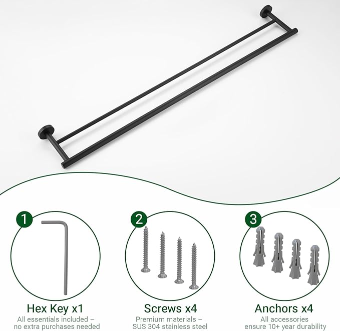 Miyili Double Bath Towel Bar 36-Inch Matte Black Stainless Steel Hand Towel Rack for Bathroom Wall Mount, A01B90B