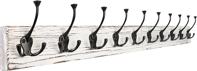 IBosins 34'' Coat Rack Wall Mount with 10 Tri-Hooks, Heavy Duty, Vintage White Color Wood Coat Hanger, Rustic Coat Hooks Rail for Entryway Living Room Coat Scarf Bag Towel Hat